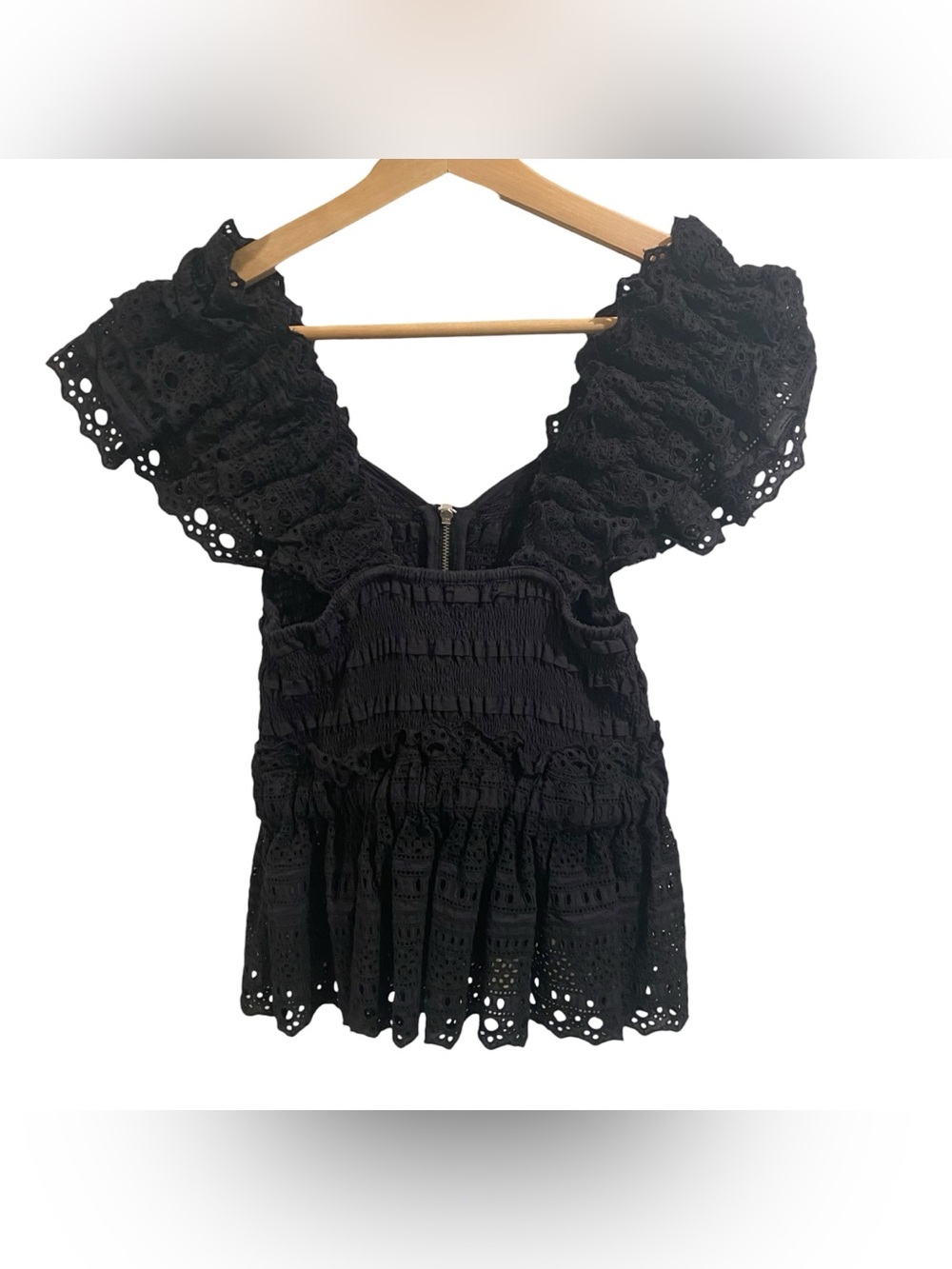 Sea New York Marley Lace Cotton Eyelet Flutter Sleeve Zip Front Peplum Top - Picture 4 of 7